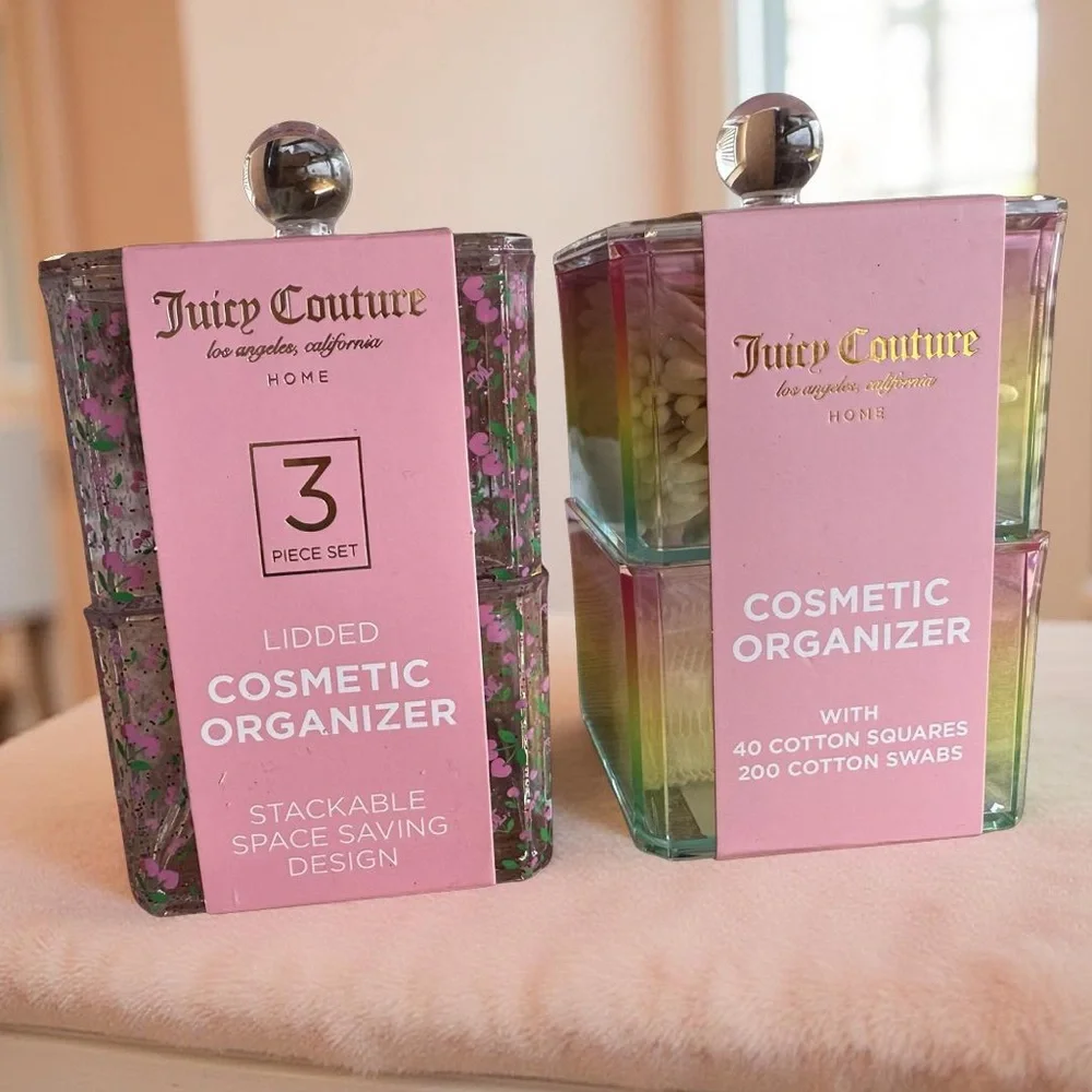 Juicy Couture NWT Acrylic Vanity Set Lidded Organizers Q-Tips & Cotton Pads